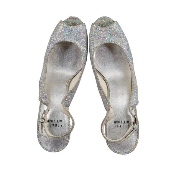 Stuart Weitzman Shoes Women 10 Pump Slingback Platform Peep Toe Galactic Glitter - Picture 9 of 15